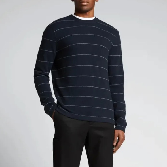 Vince Men's Boiled 100% Cashmere Stripe Long Sleeve Navy Blue Crew Sweater XL - Picture 7 of 14